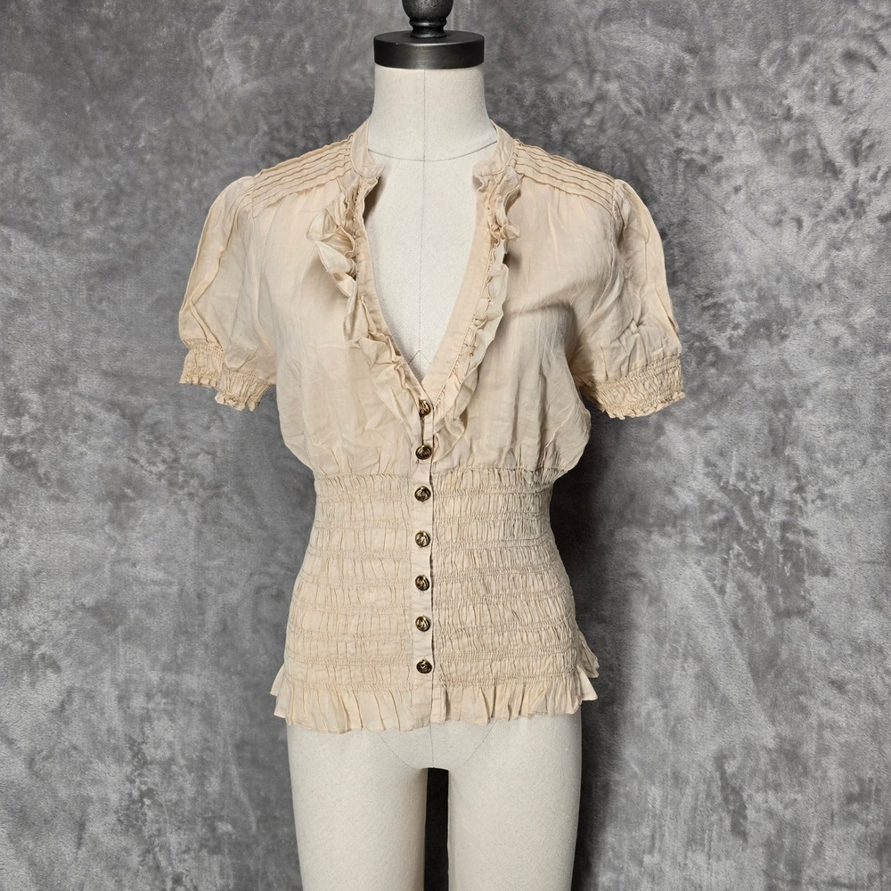 Y2K 2b Bebe Blouse Women L Beige Smocked Ruffle Regency Victorian Fairycore Boho